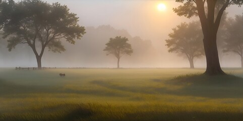 Fototapeta na wymiar A foggy morning in a lush. AI generated illustration
