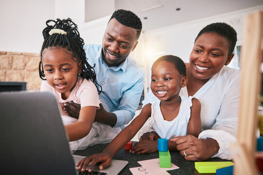 Black Family, Laptop And Elearning, Education And Happiness, Parents Help Children With School Work. Teaching, Learning And Support, Man And Woman With Young Kids At Home, Online Class And Fun