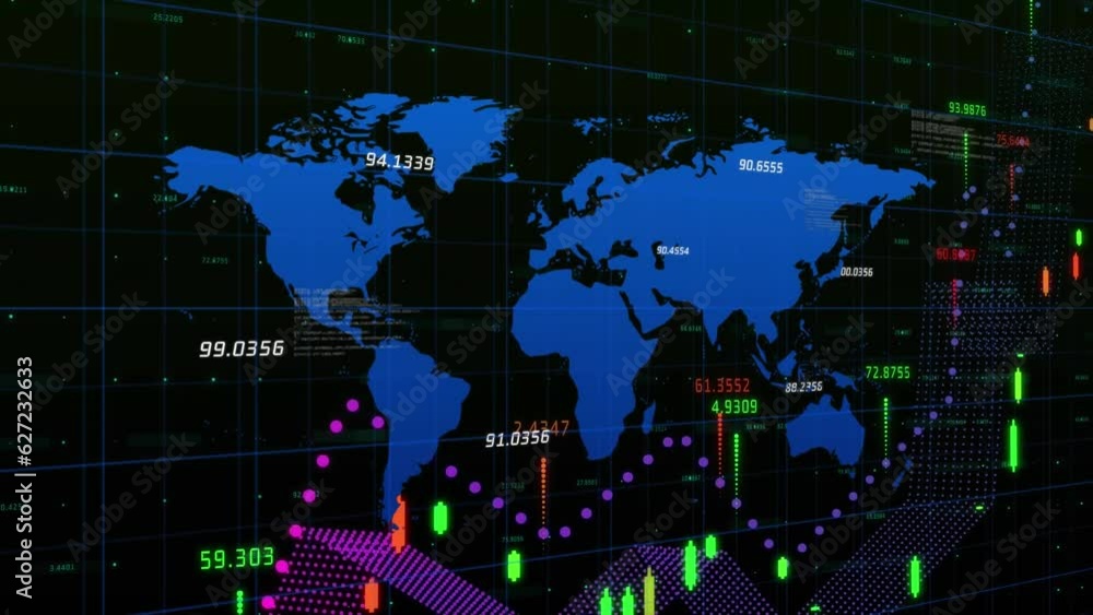 Poster Animation of financial data processing and world map over black background