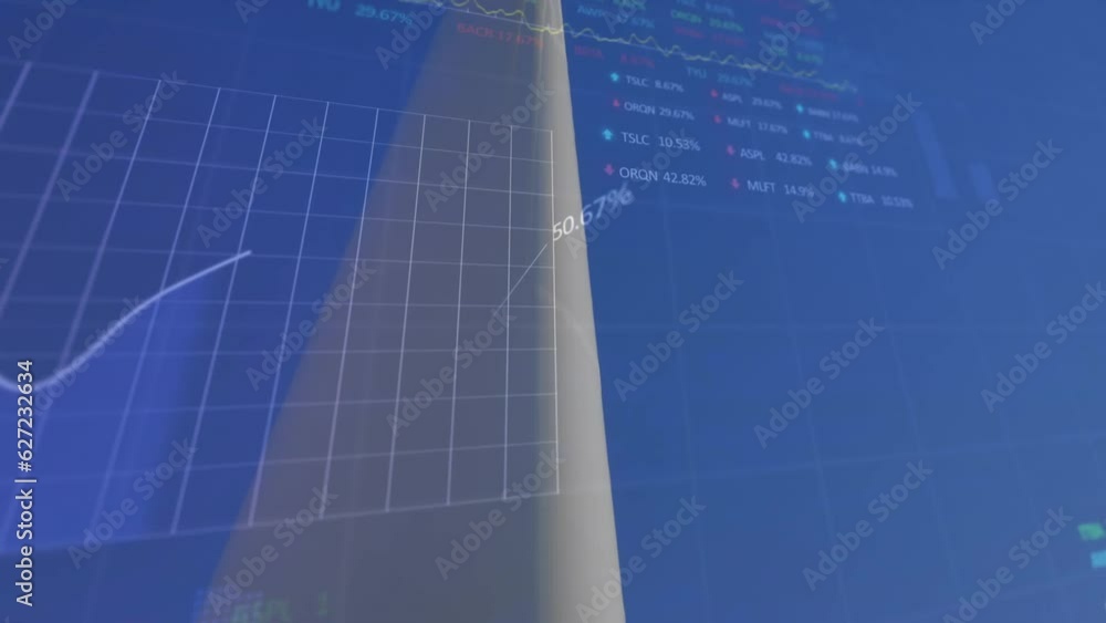 Wall mural Animation of financial data processing over wind turbine on blue background