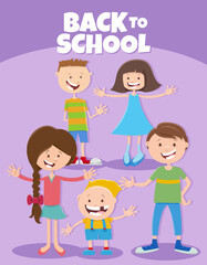 Fototapeta na wymiar cartoon happy elementary age children with back to school caption