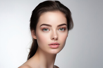 Fototapeta premium Beautiful Young Woman With Perfect Skin Touches Her Face, On White Background