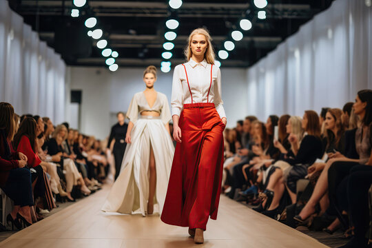 Women Walking Down The Runway In Fancy Clothes, Fashion Show, Wide Angle.
