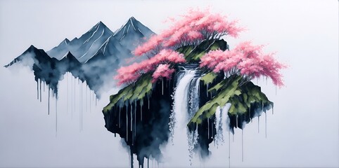 Blossom Sakura in mountains. Watercolor. AI generated illustration