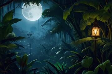 The jungle with moonlight. AI generated illustration