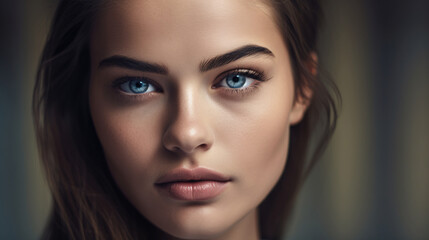 Naklejka premium Photo Realistic Image of Supermodel Face in Dark Setting. Detailed Skin Beauty Shot. AI Generated.