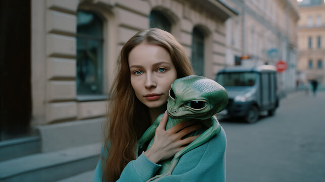 Photo Realistic Image of Woman Holding Green Alien on Street (AI Generated)