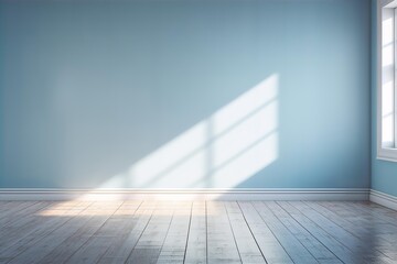 Blue turquoise empty wall and wooden floor with interesting with glare from the window. Interior background for the presentation, Generative AI