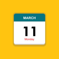 monday 11 march icon with black background, calender icon