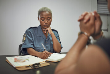 Security, criminal and female police officer at the station writing a legal report for social...