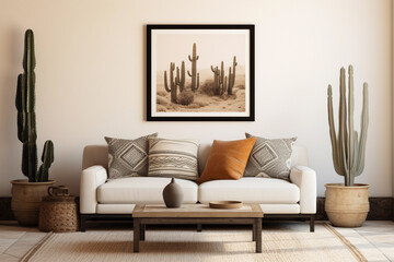 Trendy white living room with modern decoration, simple home decor. Room with black furniture, frame, cactus and some plants. Generative AI