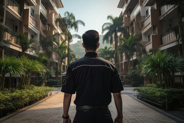 Security Guard In Black Stands With His Back To Residential Complexes