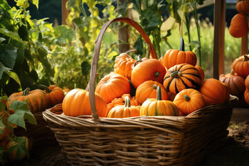 Pumpkins In Basket Near The Greenhouse. Growing Pumpkins, Storing Pumpkins For Winter, Cookingbaking With Pumpkins, Decorating With Pumpkins