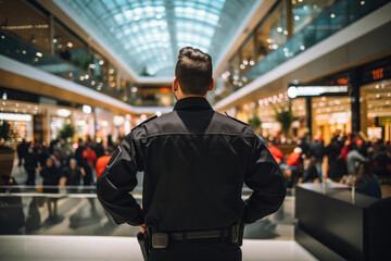 Security Guard In Black Stands With His Back To Shopping Malls - obrazy, fototapety, plakaty