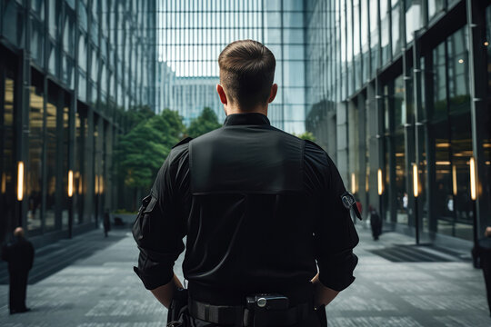 Security Guard In Black Stands With His Back To Office Buildings