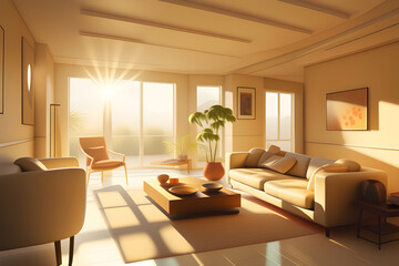Fototapeta premium a warm view of the living room with good sunlight. Generative AI