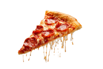 Template with delicious tasty slice of pepperoni pizza flying on white background. Generative AI
