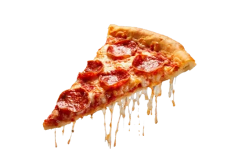 Fototapete Scharfe Chili-pfeffer Template with delicious tasty slice of pepperoni pizza flying on white background. Generative AI