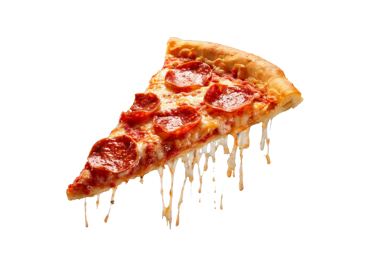 Template with delicious tasty slice of pepperoni pizza flying on white background. Generative AI