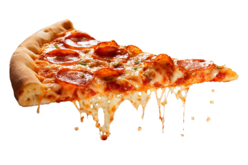 Template with delicious tasty slice of pepperoni pizza flying on white background. Generative AI