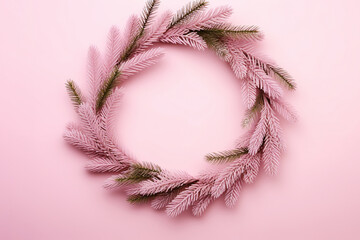 pink Christmas wreath, spray painted branches, bright pink background, doll style,