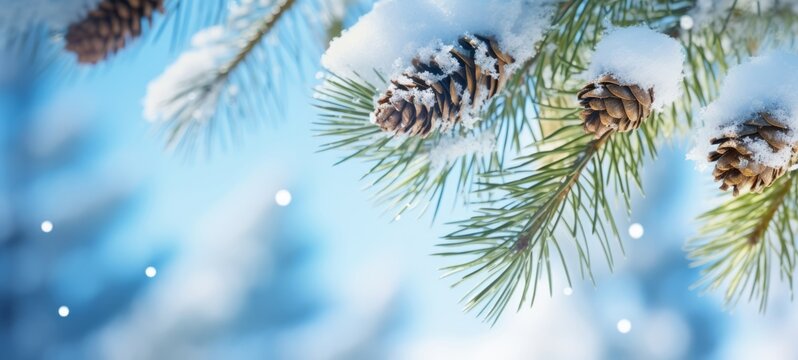 Christmas snowy winter holiday celebration greeting card - Closeup of pine branch with pine cones and snow, defocused blurred background with blue sky and bokeh lights and snowflakes (Generative Ai)