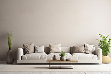 Fototapeta premium Trendy white living room with modern decoration, simple home decor. Generative AI