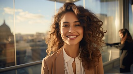 business  female happy pretty smiling professional business, happy confident positive female entrepreneur in office business co working, looking at camera, Generative AI