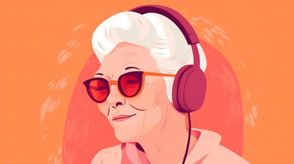 Fototapeta na wymiar Grandma listens to music on his headphones. Generative Ai