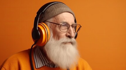 Grandpa listens to music on his headphones. Generative Ai