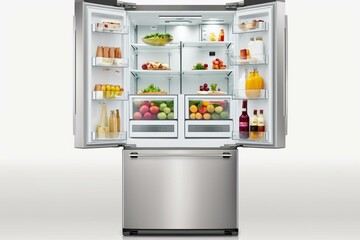 Stainless steel fridge with food on white background. Counter-depth side by side french doors. Kitchen appliance. Generative AI