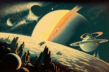 Vintage depiction of outer space. Generative AI