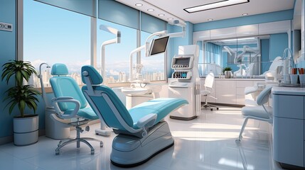 Fototapeta na wymiar Modern dental clinic, dentist chair and other equipment used by dentists in blue white light, dental surgeons are surgeons who specialize in dentistry and treating oral conditions.