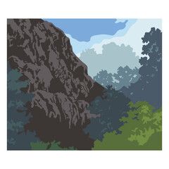 Cartoon style mountain and forest vector illustration. Nature flat panorama.