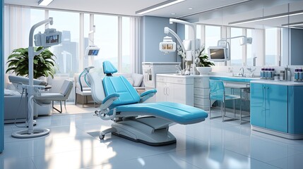 Modern dental clinic, dentist chair and other equipment used by dentists in blue white light, dental surgeons are surgeons who specialize in dentistry and treating oral conditions.