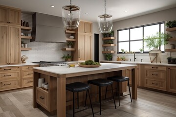 traditional kitchen luxury home, with large island, double ovens, cook top, and open concept floor plan. Generative AI