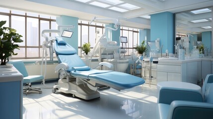 Fototapeta na wymiar Modern dental clinic, dentist chair and other equipment used by dentists in blue white light, dental surgeons are surgeons who specialize in dentistry and treating oral conditions.
