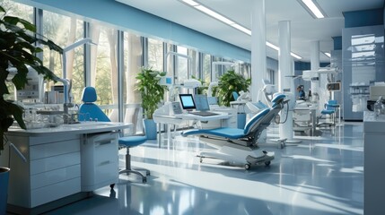 Modern dental clinic, dentist chair and other equipment used by dentists in blue white light, dental surgeons are surgeons who specialize in dentistry and treating oral conditions.