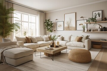 Cobalt blue sofa and other antique furniture on a wooden floor in a spacious living room interior of a classic mansion. Generative AI