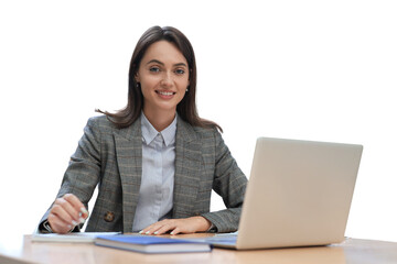 Portrait of a young brunette business woman using laptop on a transparent background