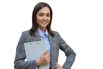 Attractive businesswoman standing near desk on a transparent background