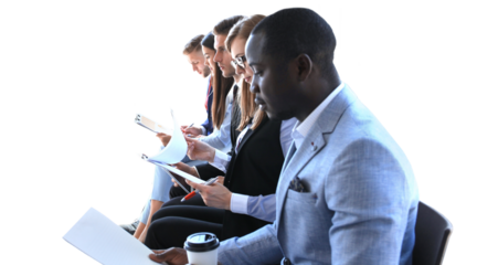 Stressful business people waiting for job interview on a transparent background