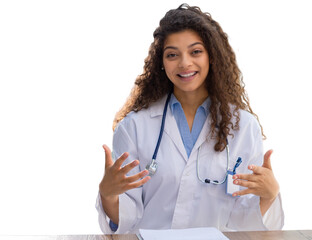Pretty woman doctor therapist talking to web camera consulting virtual patient online by video...