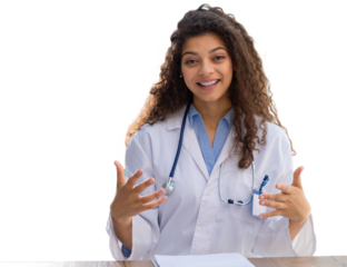 Pretty woman doctor therapist talking to web camera consulting virtual patient online by video conference call chat on a transparent background