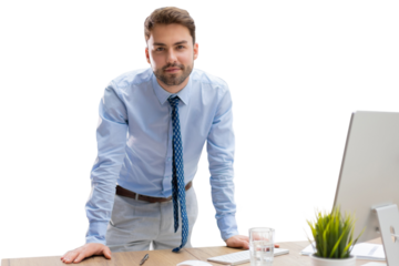 Young modern business man analyzing data using computer while working on a transparent background