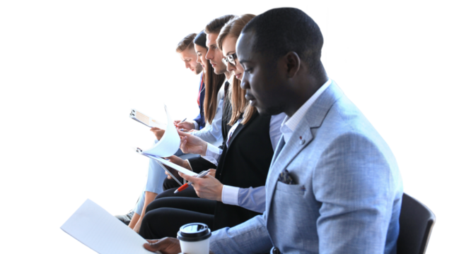 Stressful business people waiting for job interview on a transparent background