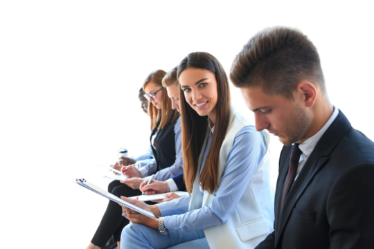 Smiling businesswoman looking at camera at seminar with her colleagues near by on a transparent background