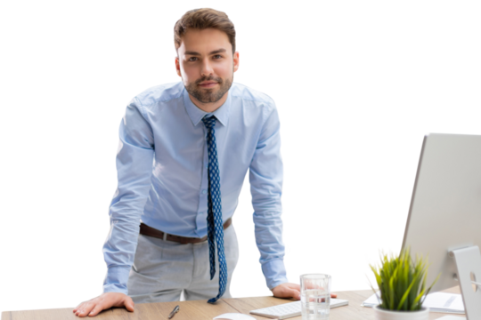 Young modern business man analyzing data using computer while working on a transparent background