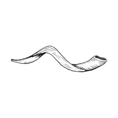 Vector long shofar horn for Rosh Hashanah and Yom Kippur graphic illustration. Jewish new year symbol in sketch black and white style for greeting cards and invitations - obrazy, fototapety, plakaty