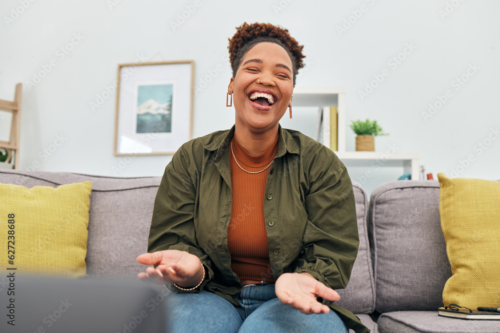 Sticker Comic, happy or funny with a black woman laughing while sitting on a sofa in the living room of her home. Comedy, smile and freedom with a carefree young female person joking eyes closed in her house